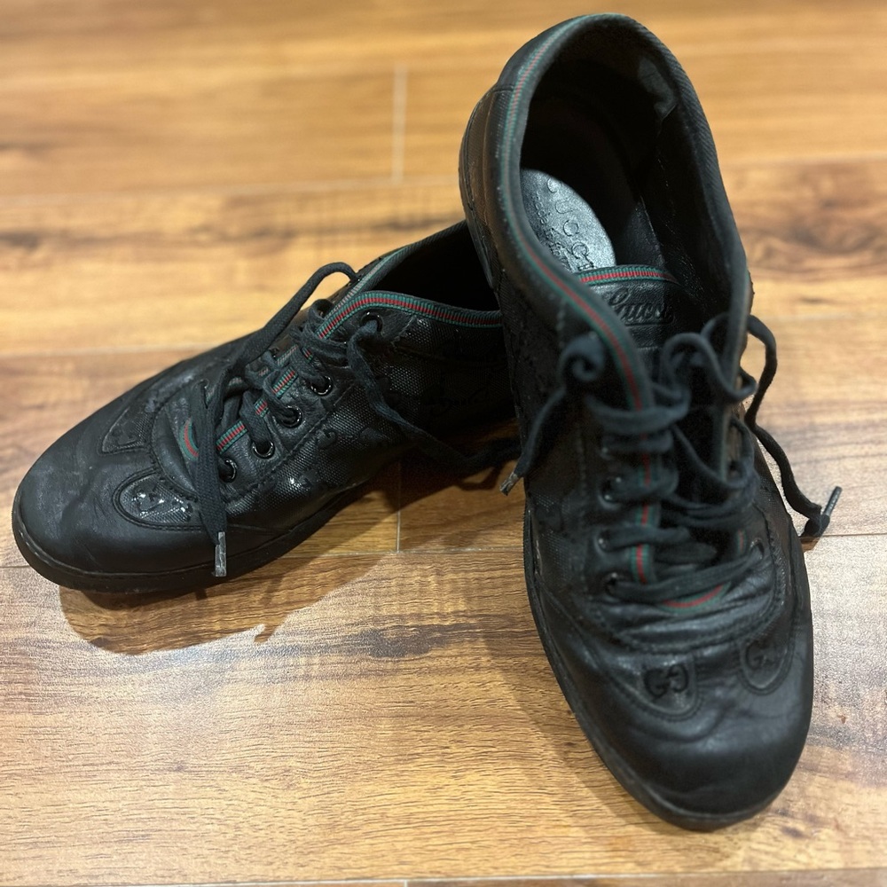 GUCCI  - Black Monogram and Leather Web Trim Sneakers- 233321 8G (size 1…